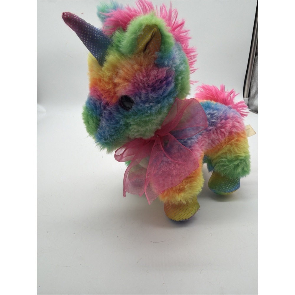 MTY INTERNATIONAL Rainbow Unicorn 7" Plush Sparkly Horn Pink Bow Mane Tail EUC